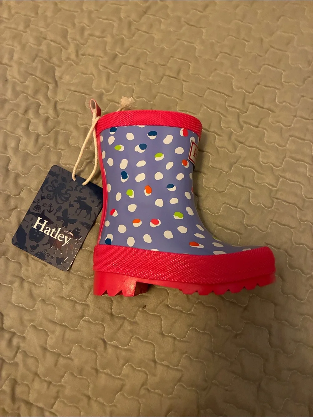 Hatley Blue Polka Dot Kids Rain Boots with Pink Trim